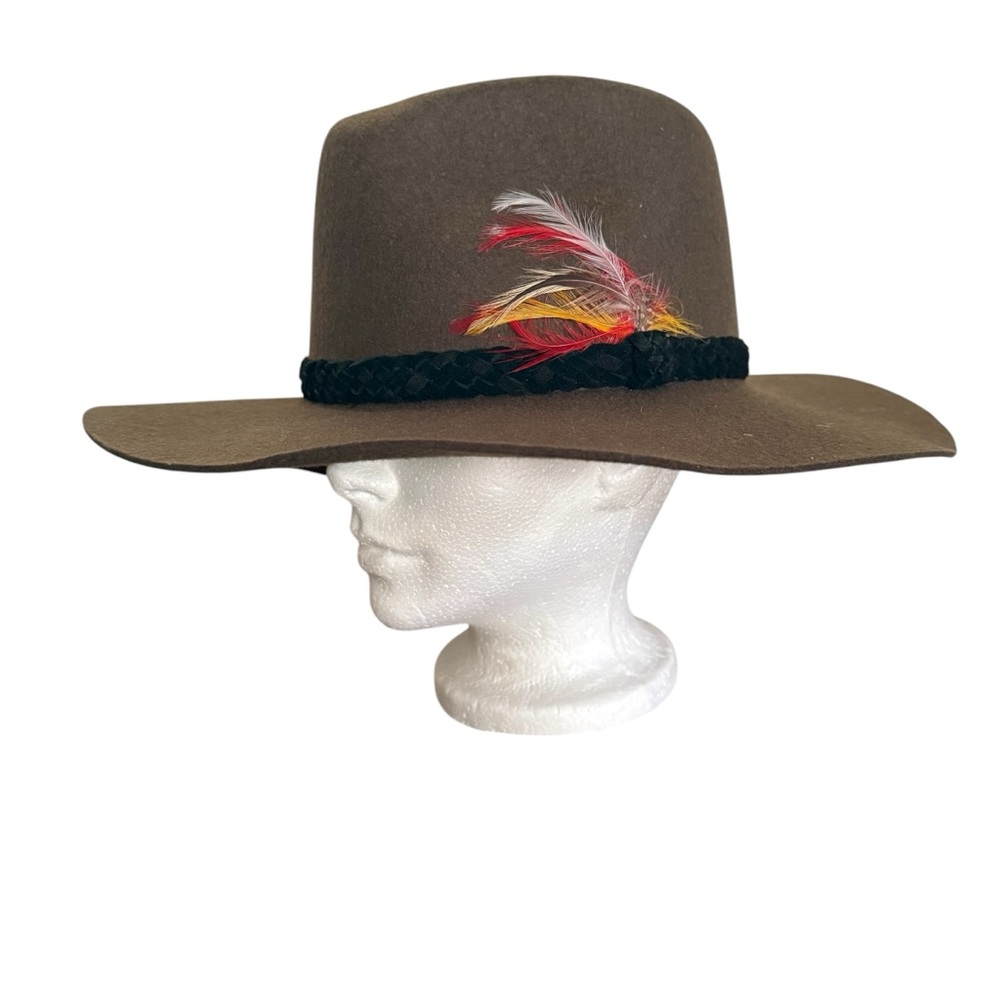 Vintage Lanning Headwear Cowboy Hat Olive Green With Feather Made in Canada
